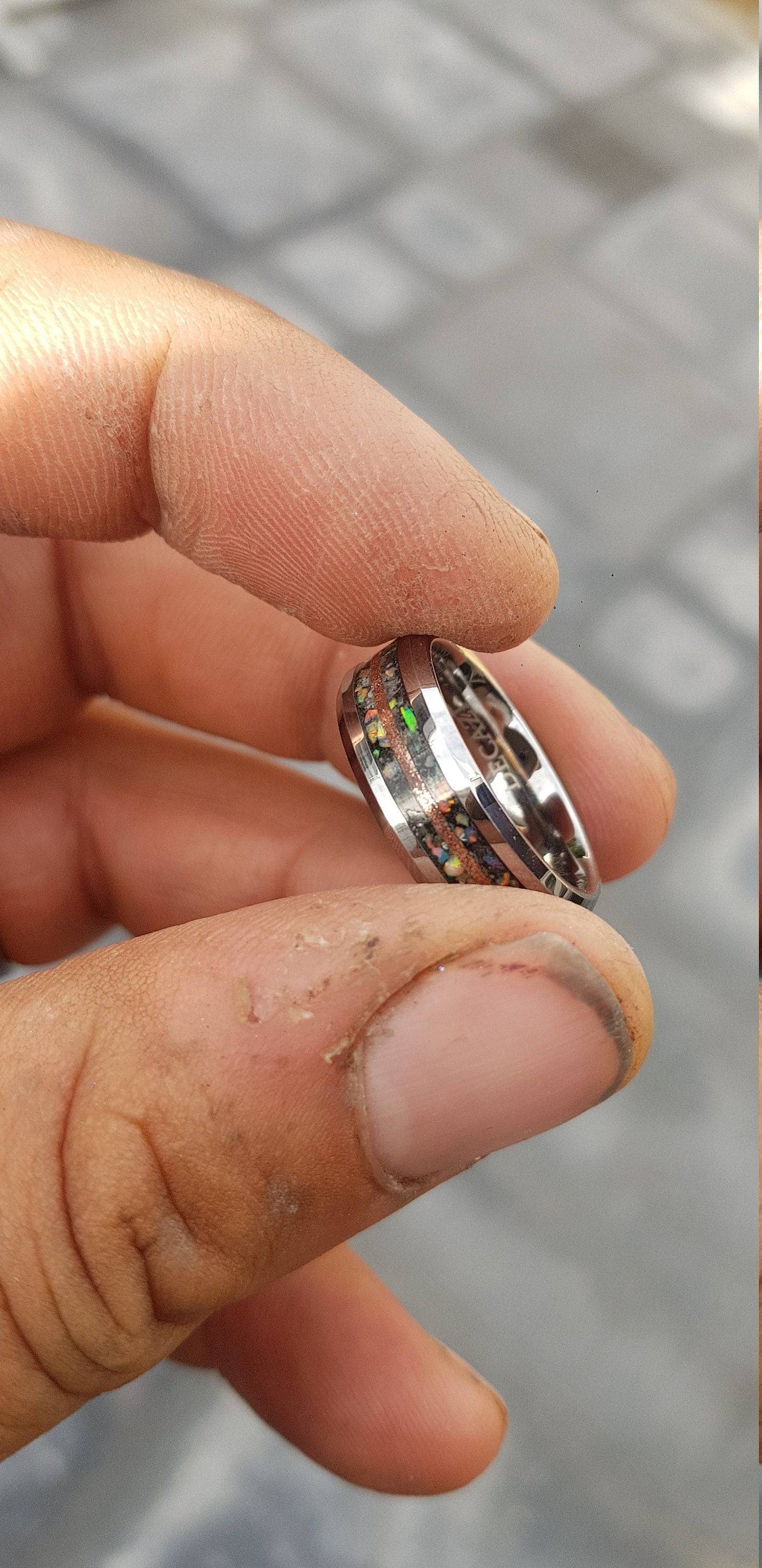 Moonstone Tungsten Ring with white opal and copper line.