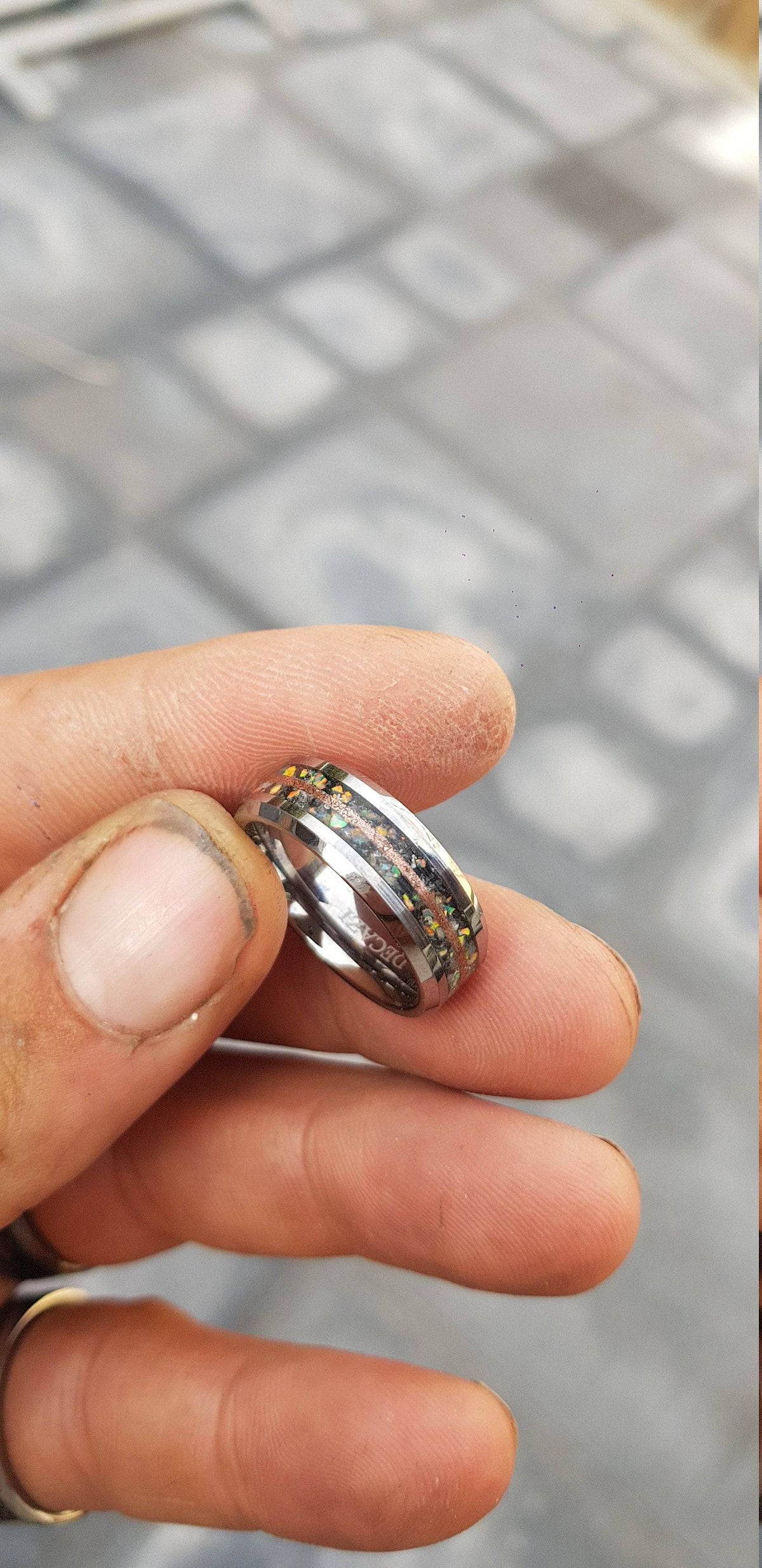 Moonstone Tungsten Ring with white opal and copper line.