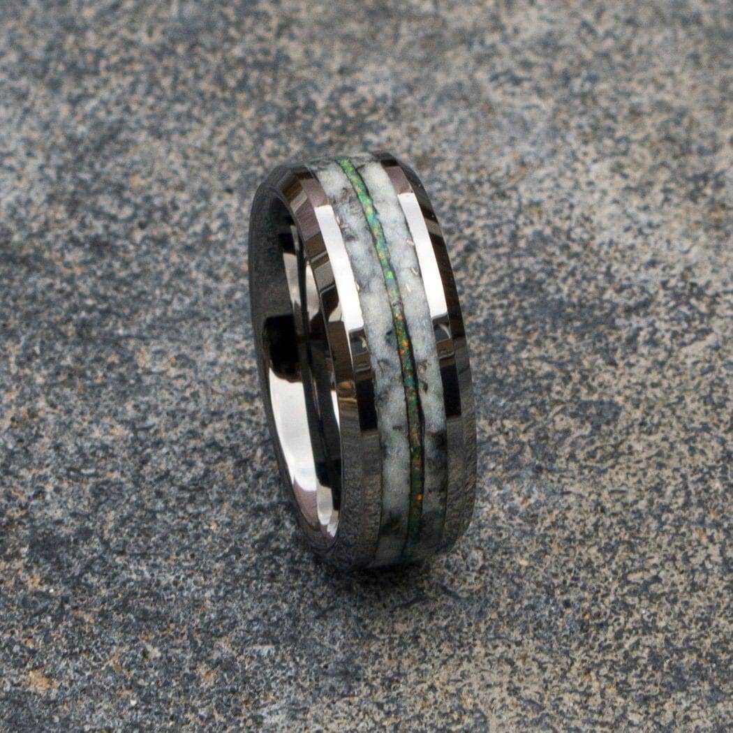 Opal Tungsten Beveled Ring Meteorite Marble