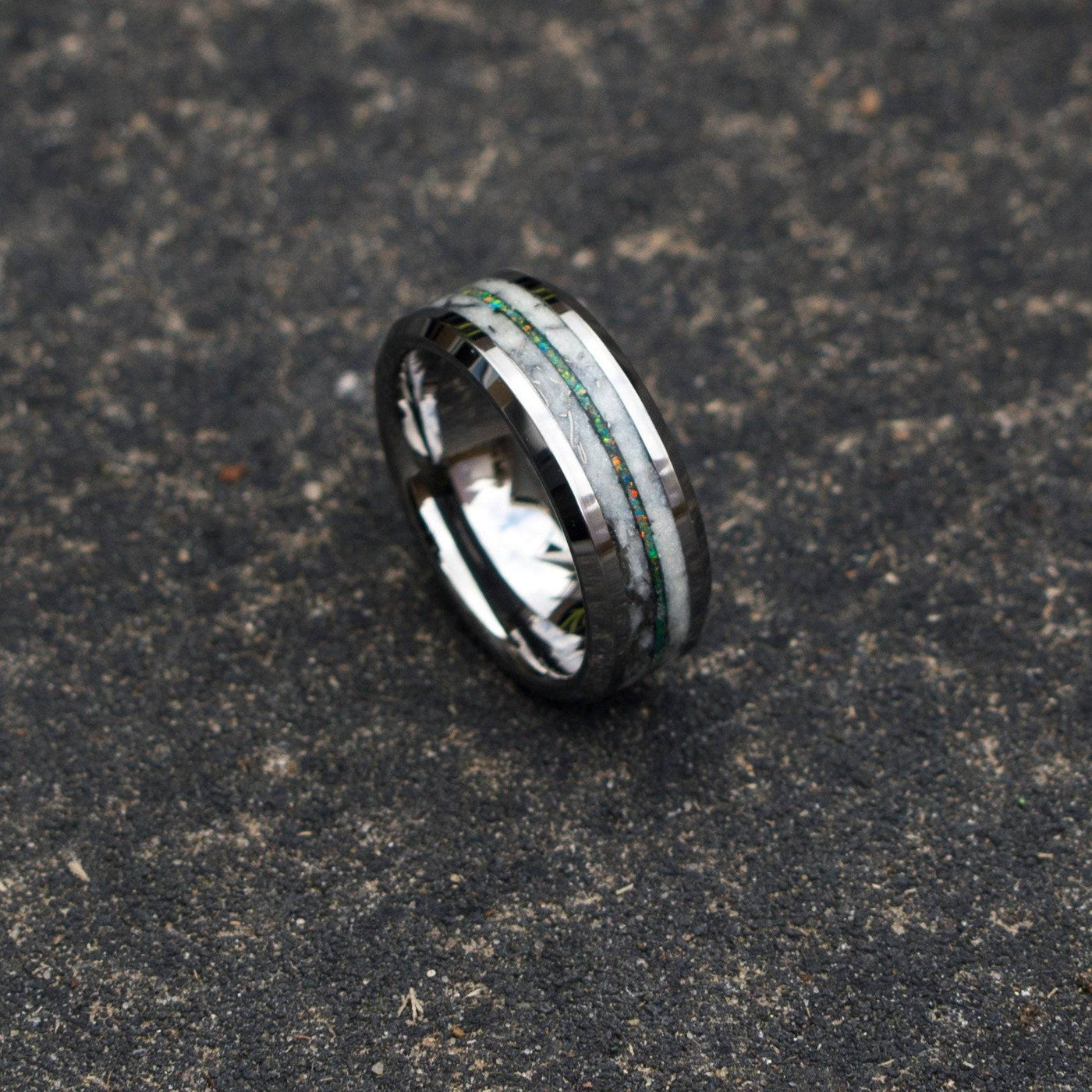 Opal Tungsten Beveled Ring Meteorite Marble