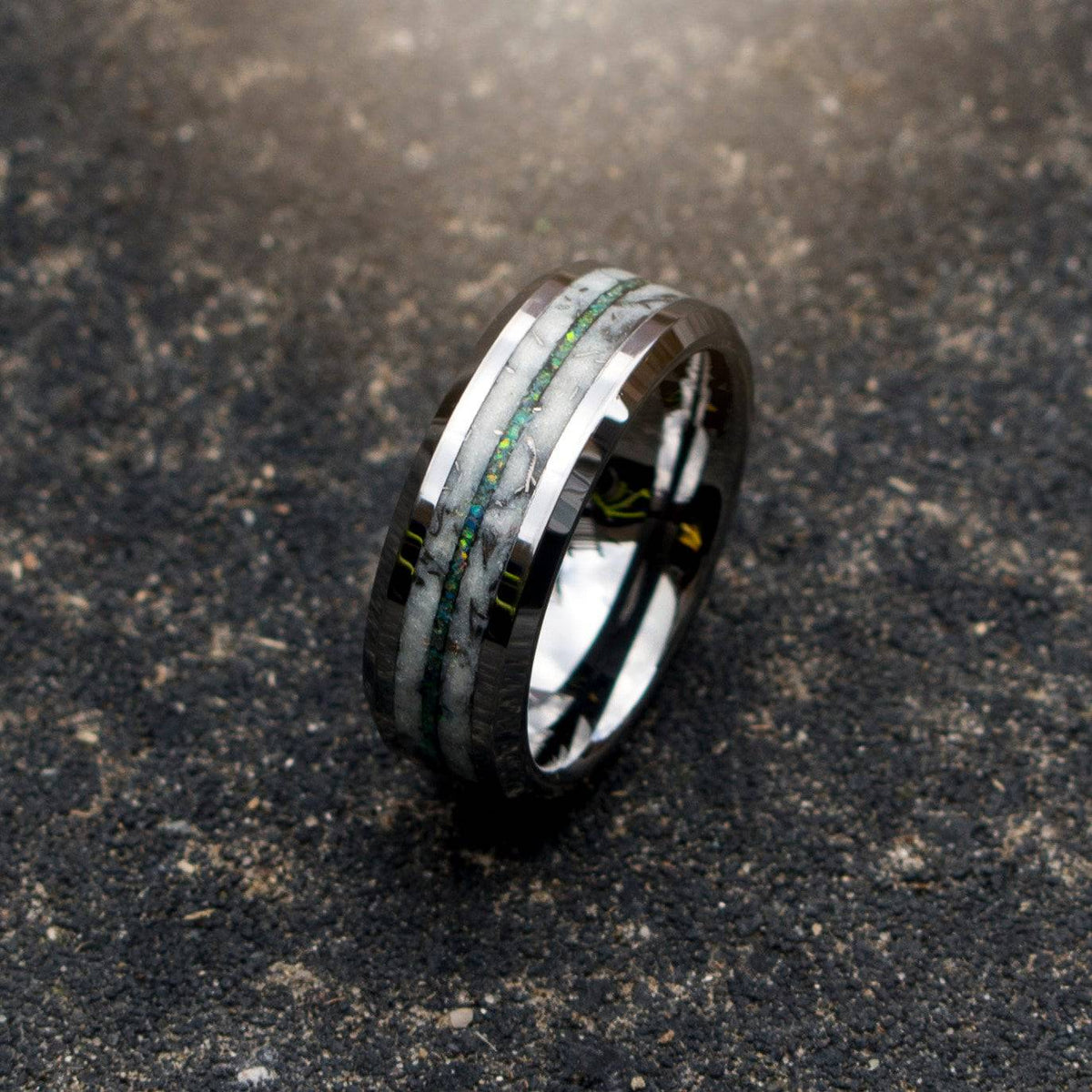 Opal Tungsten Beveled Ring Meteorite Marble