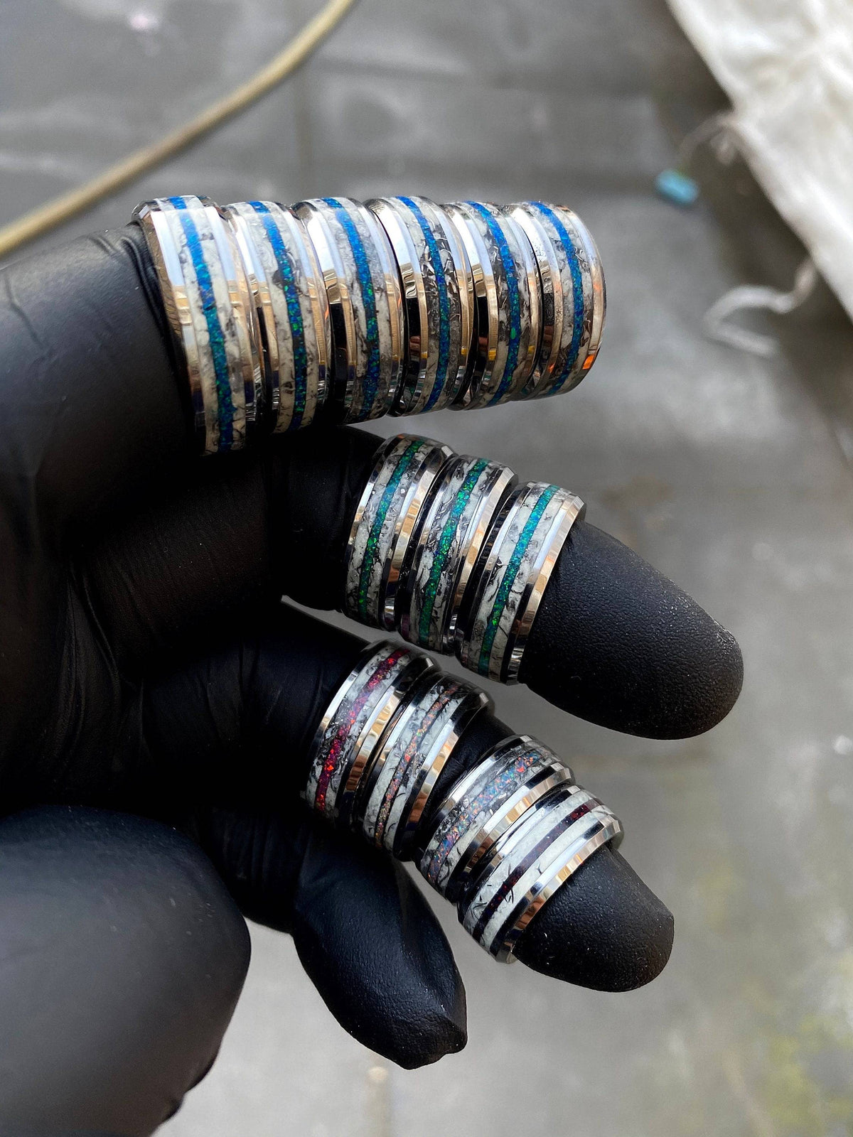 Opal Tungsten Beveled Ring Meteorite Marble