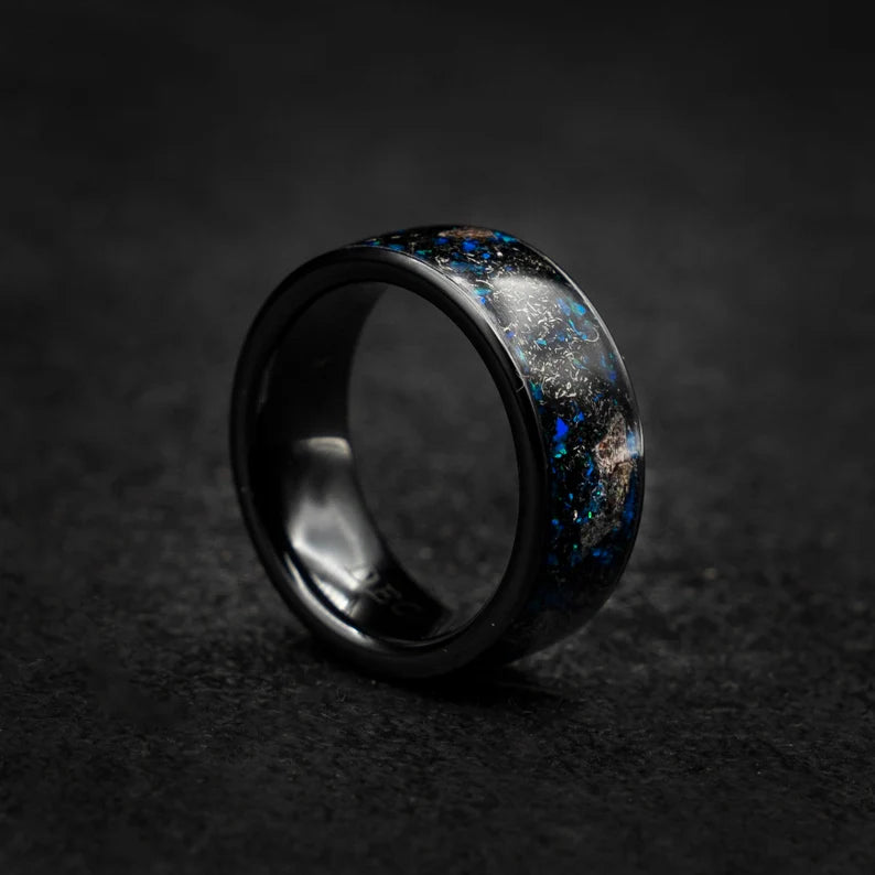 Ceramic Opal Ring Dinosaur Bone Fossil & Meteorite