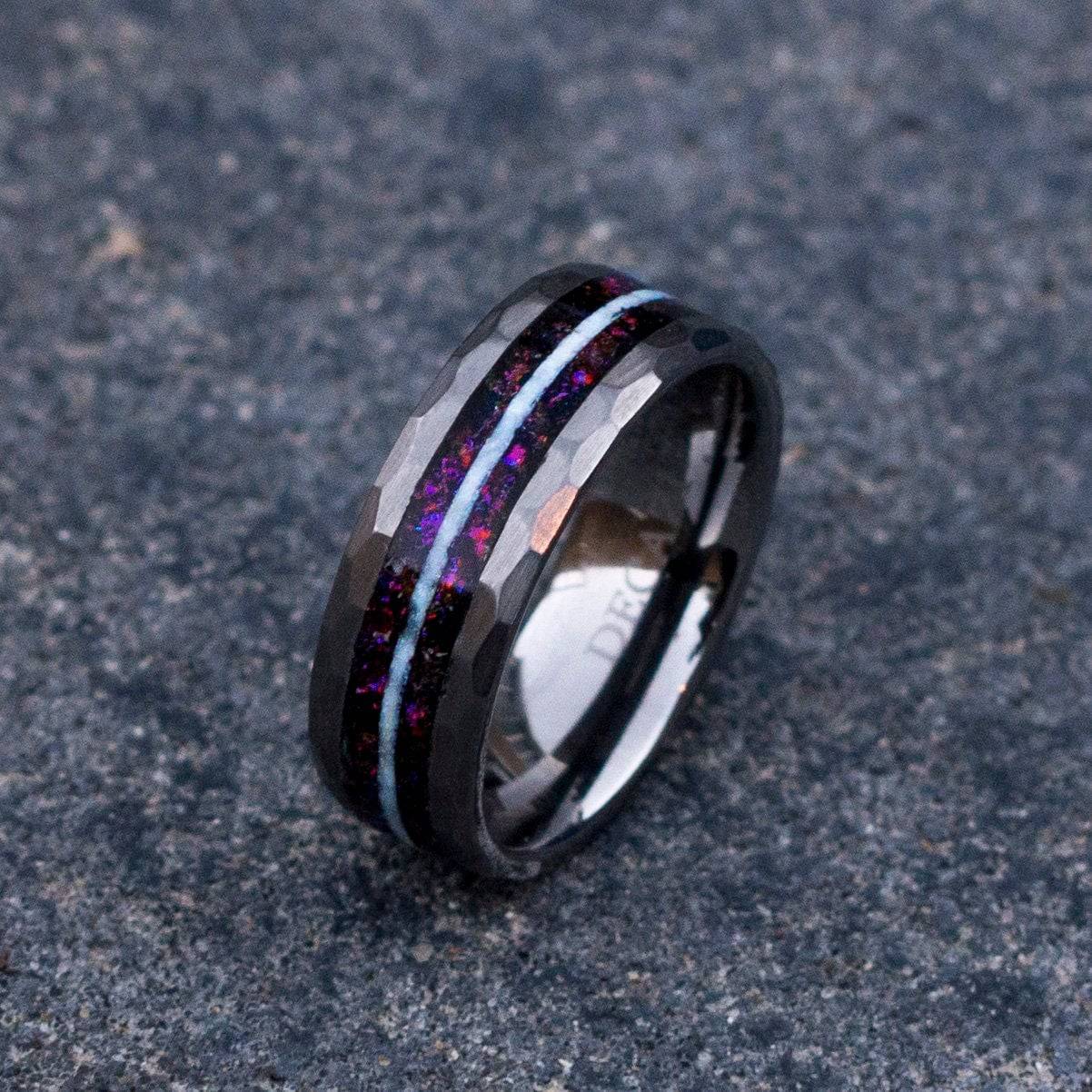 Purple Chameleon Flakes & Aqua Glow Tungsten Ring