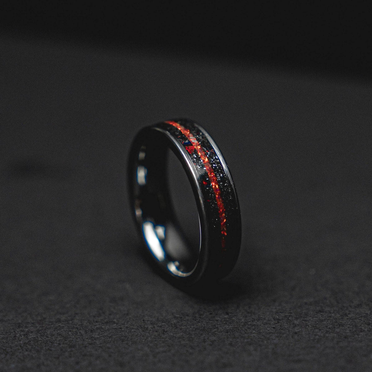 Red Opal & Meteorite Tungsten Mens Ring
