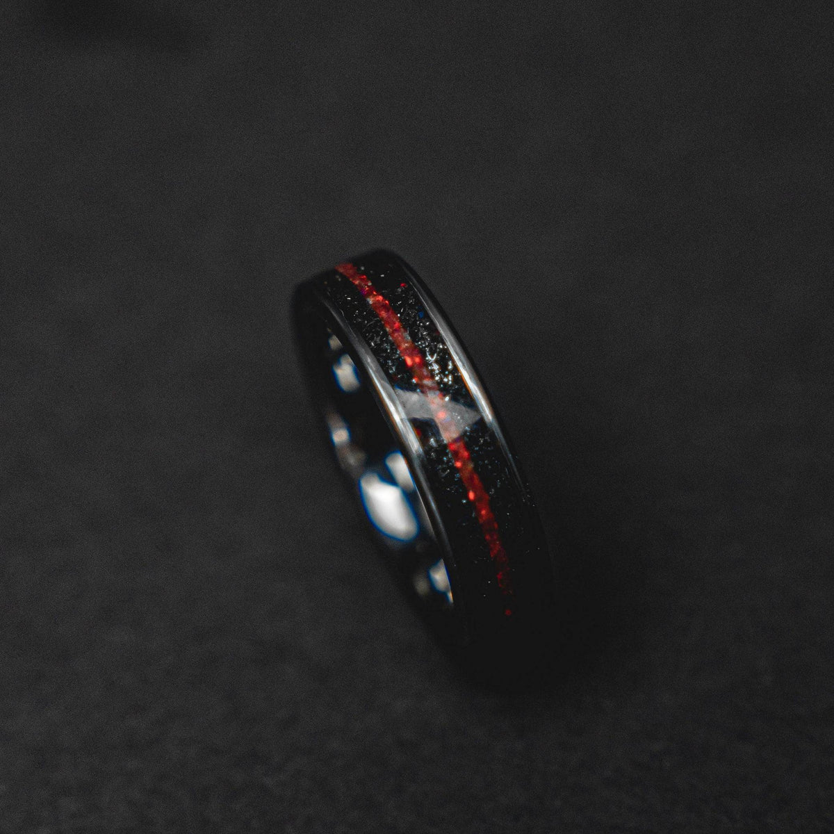 Red Opal & Meteorite Tungsten Mens Ring
