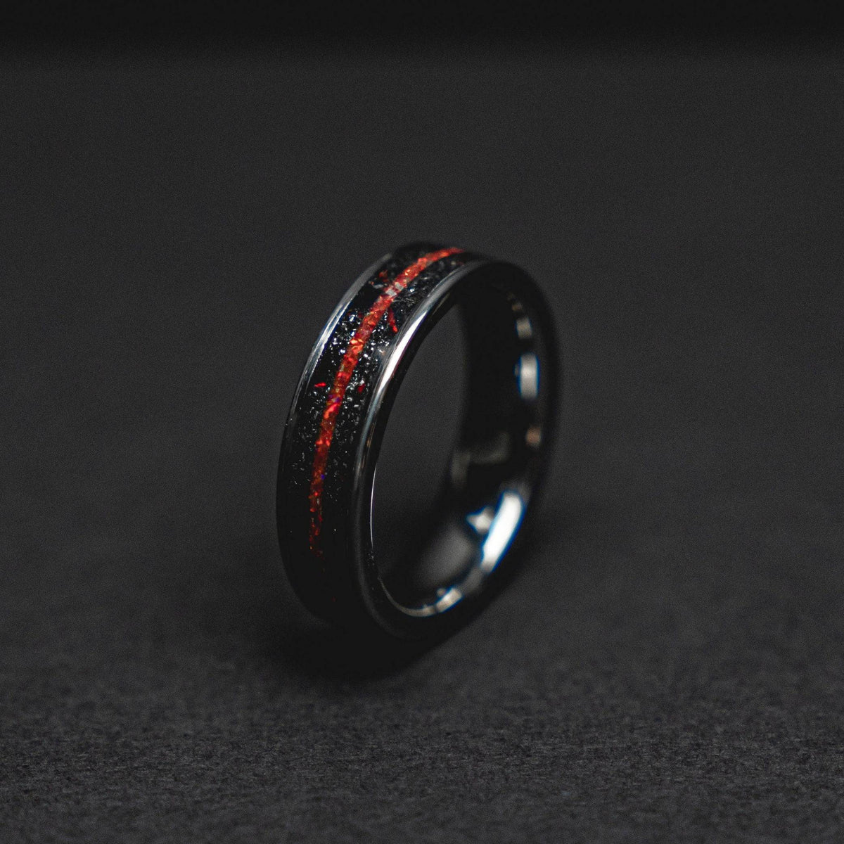 Red Opal & Meteorite Tungsten Mens Ring