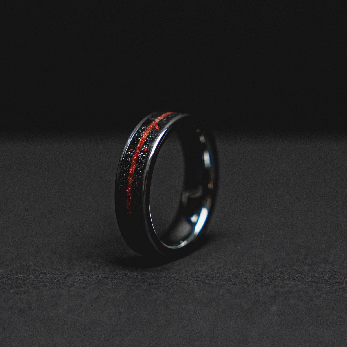 Red Opal & Meteorite Tungsten Mens Ring