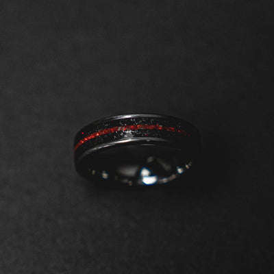 Red Opal & Meteorite Tungsten Mens Ring