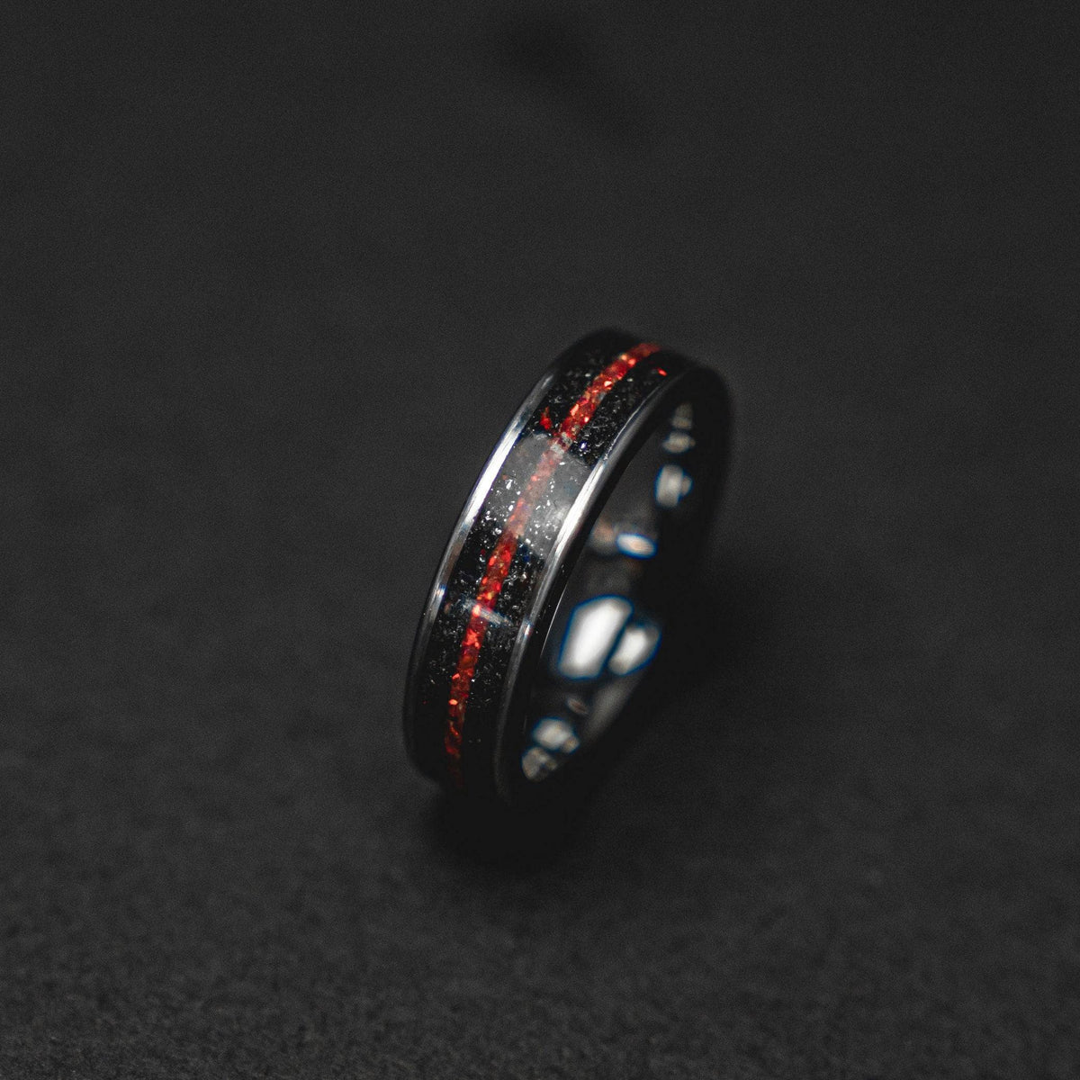 Red Opal & Meteorite Tungsten Mens Ring