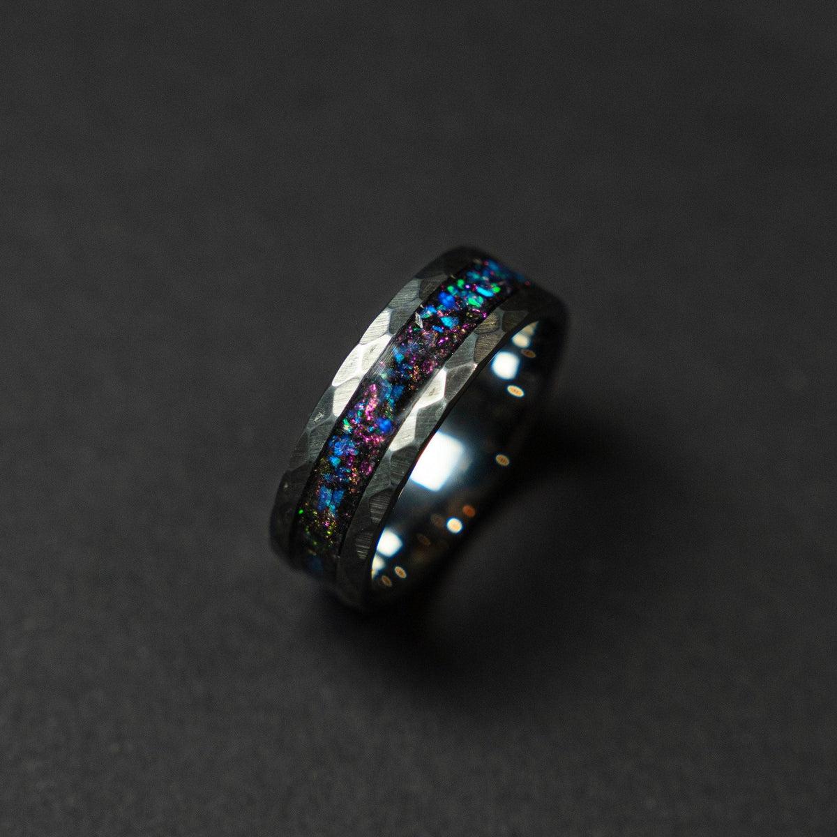 Sale Hammered tungsten ring with sleepy lavender opal inlay.