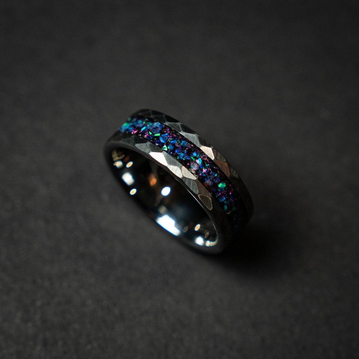 Sale Hammered tungsten ring with sleepy lavender opal inlay.
