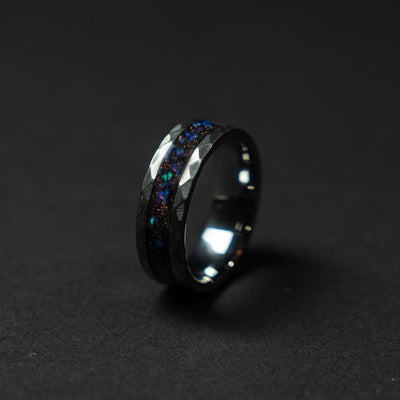 Sale Hammered tungsten ring with sleepy lavender opal inlay.