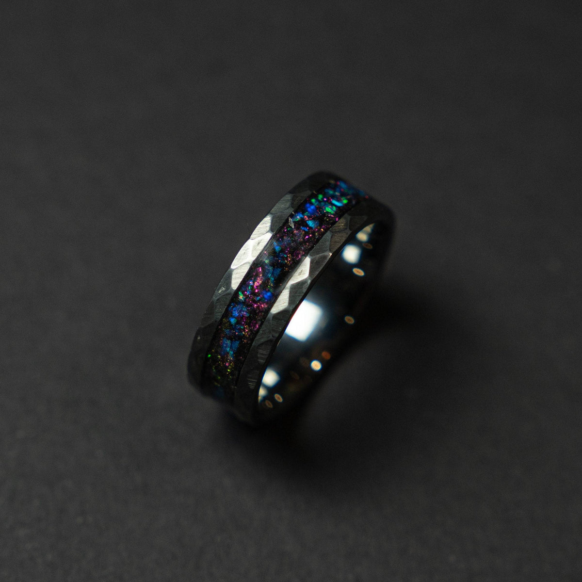 Sale Hammered tungsten ring with sleepy lavender opal inlay.
