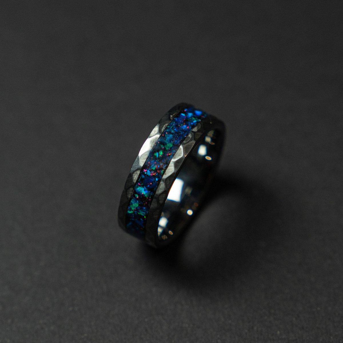 Sale Hammered tungsten ring with sleepy lavender opal inlay.