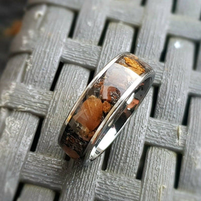 Silver tungsten ring with Trex fossil