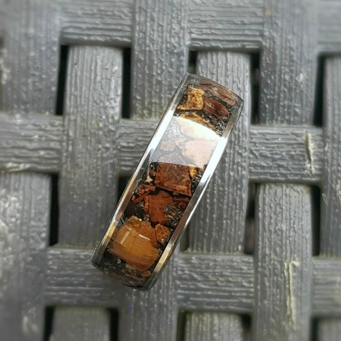 Silver tungsten ring with Trex fossil