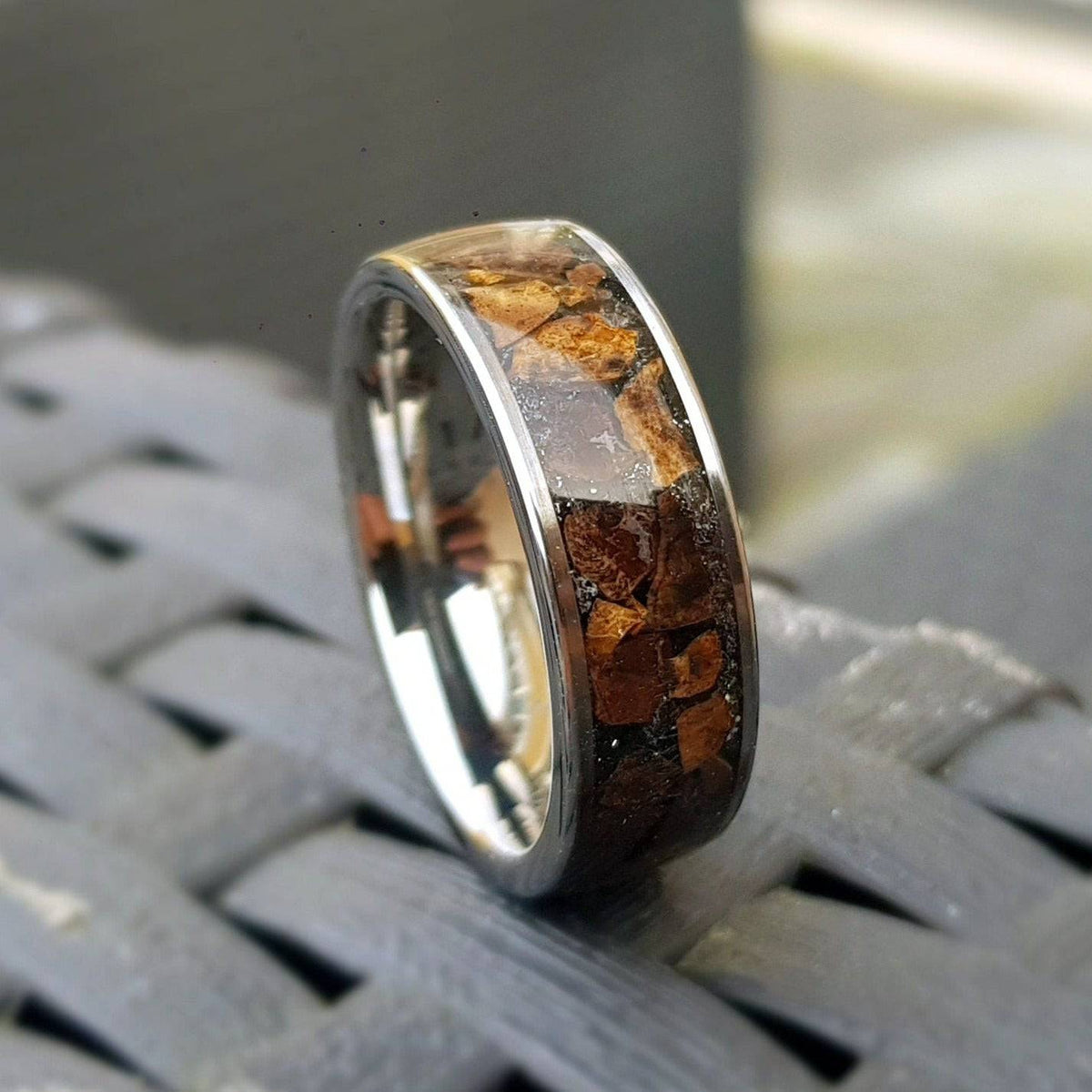Silver tungsten ring with Trex fossil