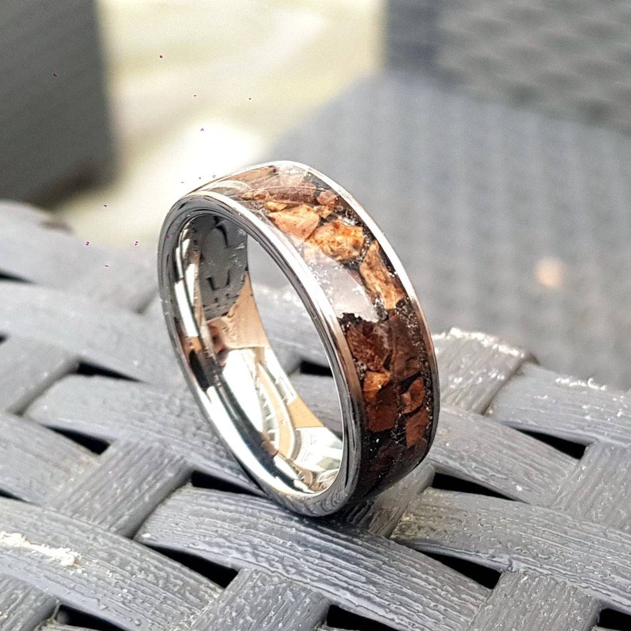 Silver tungsten ring with Trex fossil
