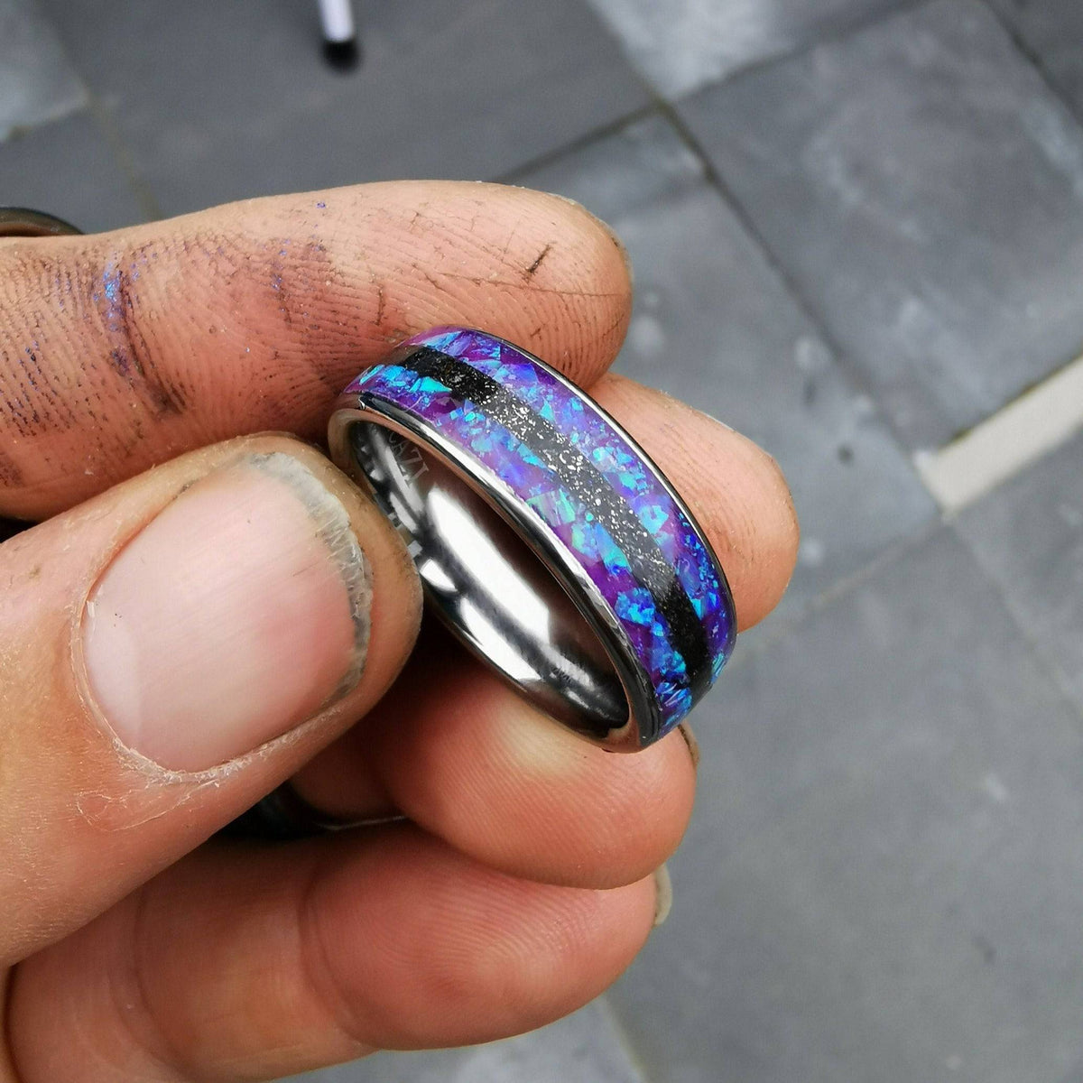 Sleepy Lavender Opal Silver Tungsten Ring