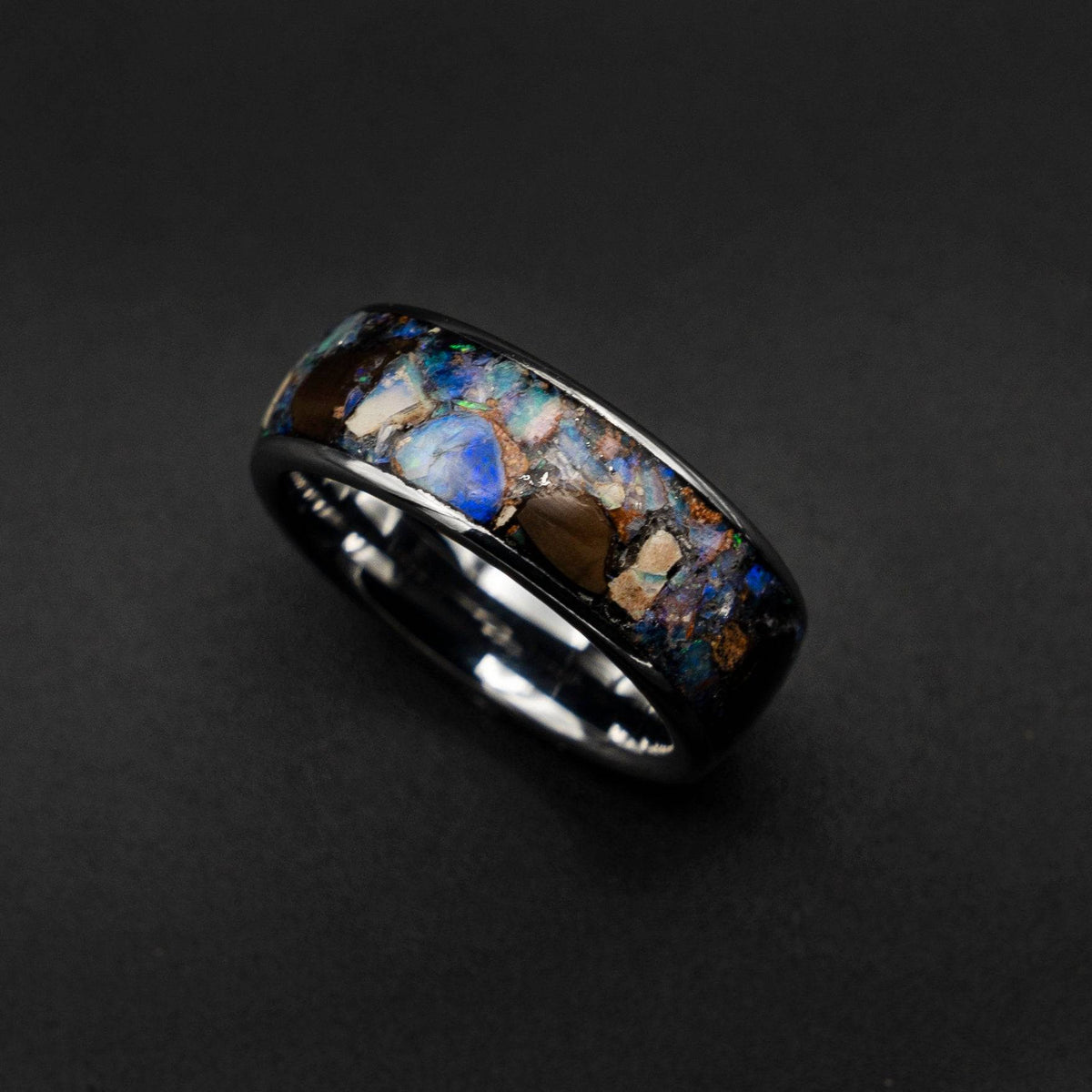 T Rex Fossil Genuine Australian Opal Tungsten Ring