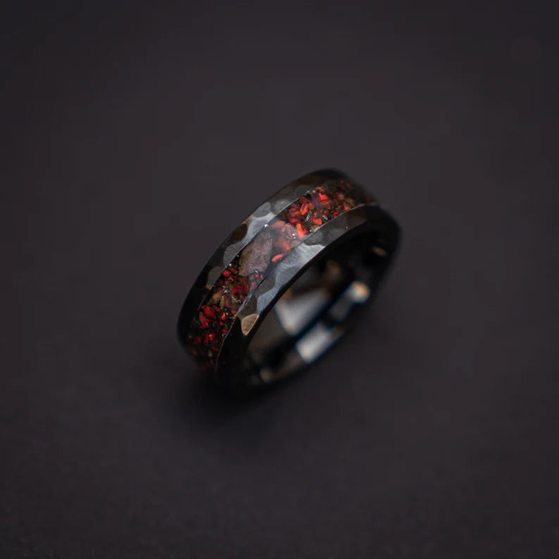 Black Hammered Ceramic Ring With Triceratops Meteorite & Opal