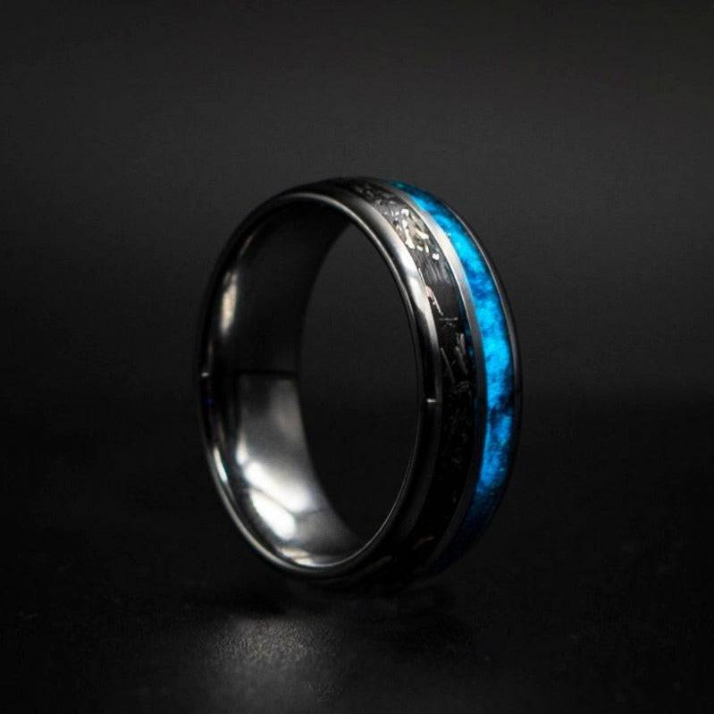 Tungsten double inlay with meteorite stardust and galaxy glow