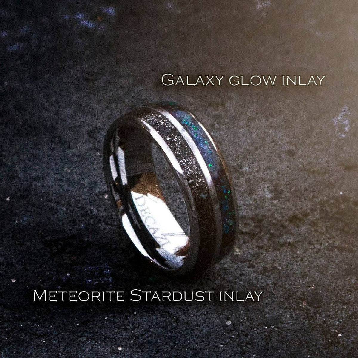 Tungsten double inlay with meteorite stardust and galaxy glow