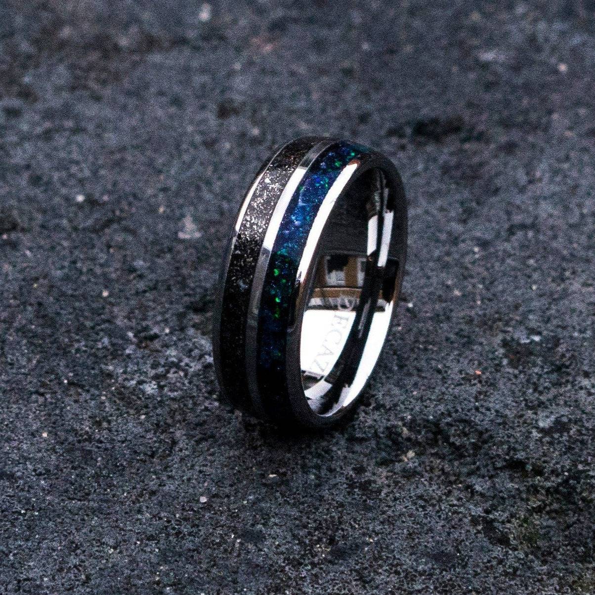 Tungsten double inlay with meteorite stardust and galaxy glow