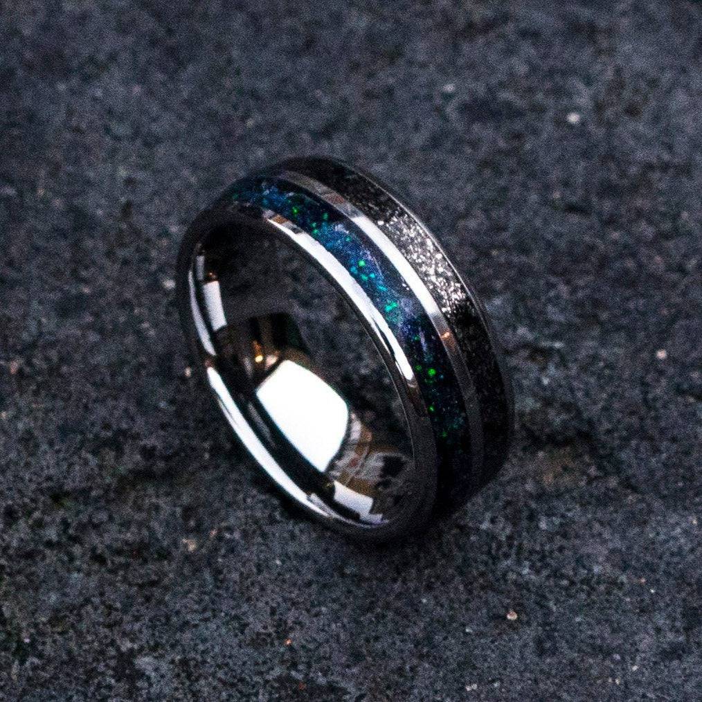 Tungsten double inlay with meteorite stardust and galaxy glow