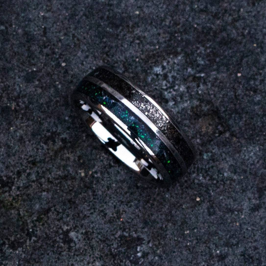 Tungsten double inlay with meteorite stardust and galaxy glow