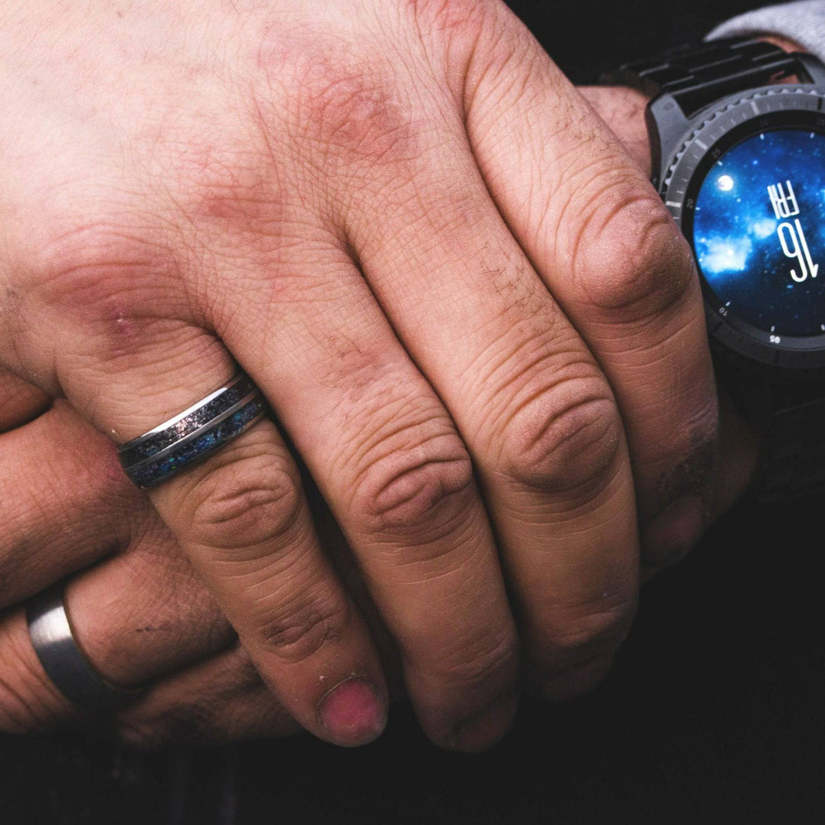 Tungsten double inlay with meteorite stardust and galaxy glow
