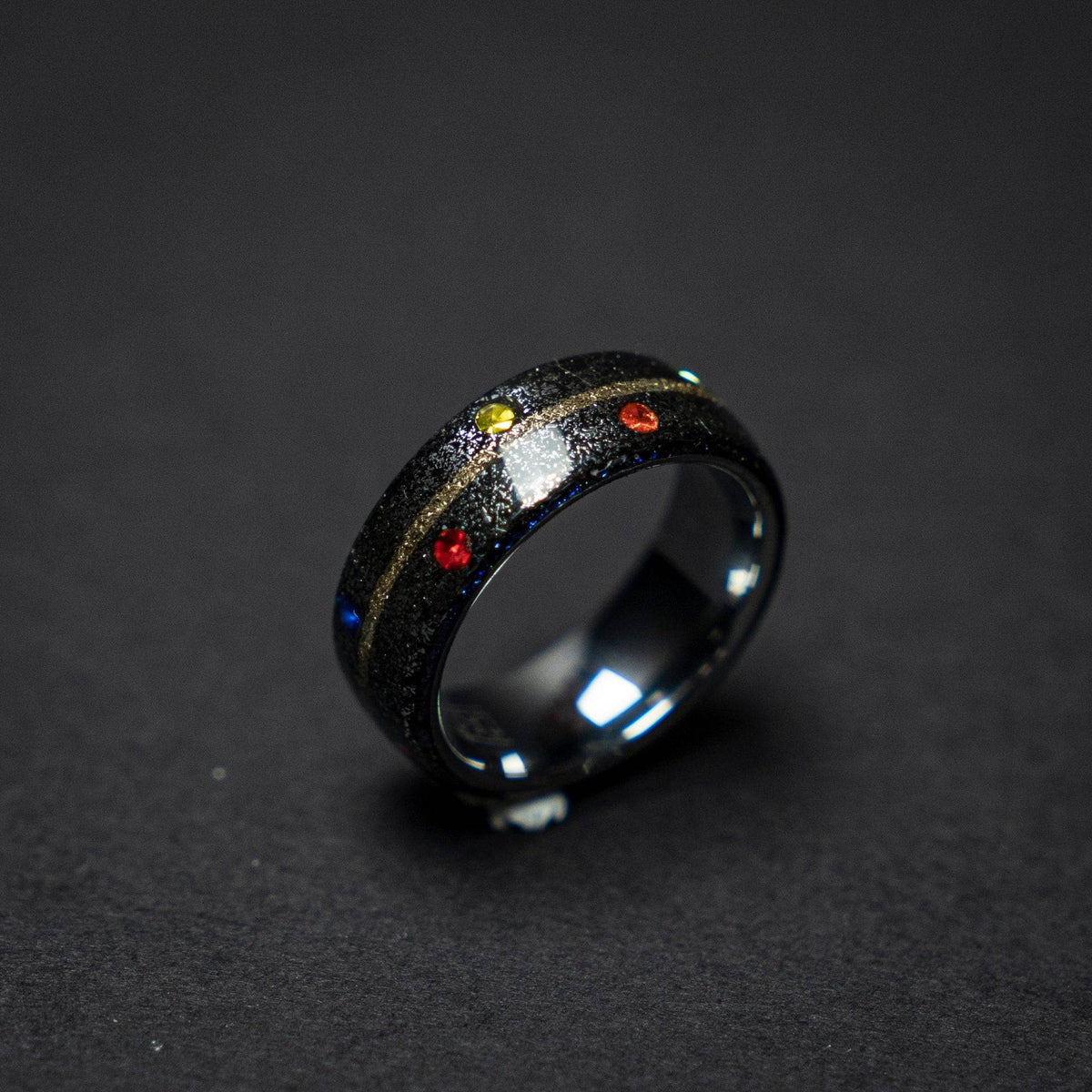 Tungsten ring core with meteorite and the six infinity stones