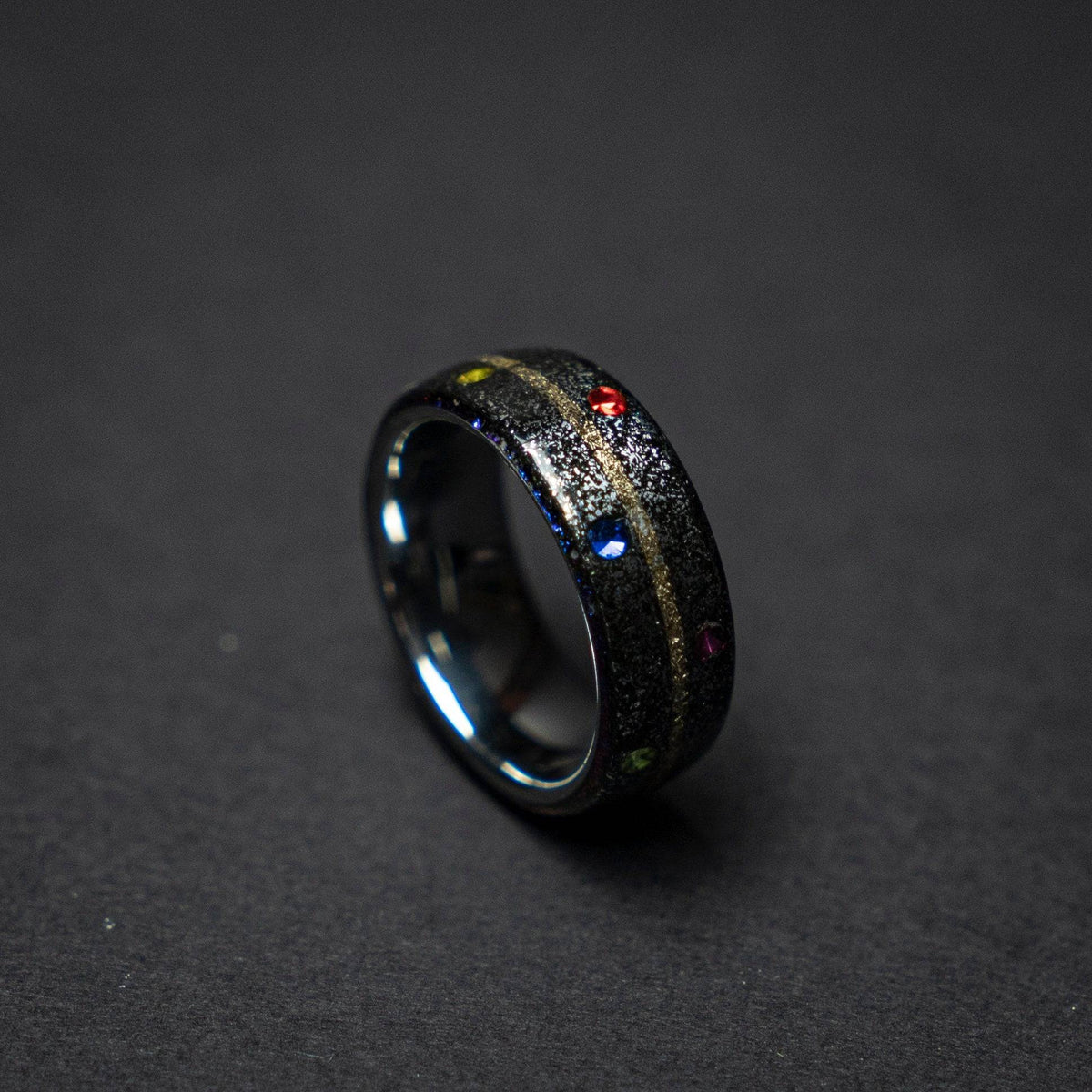 Tungsten ring core with meteorite and the six infinity stones
