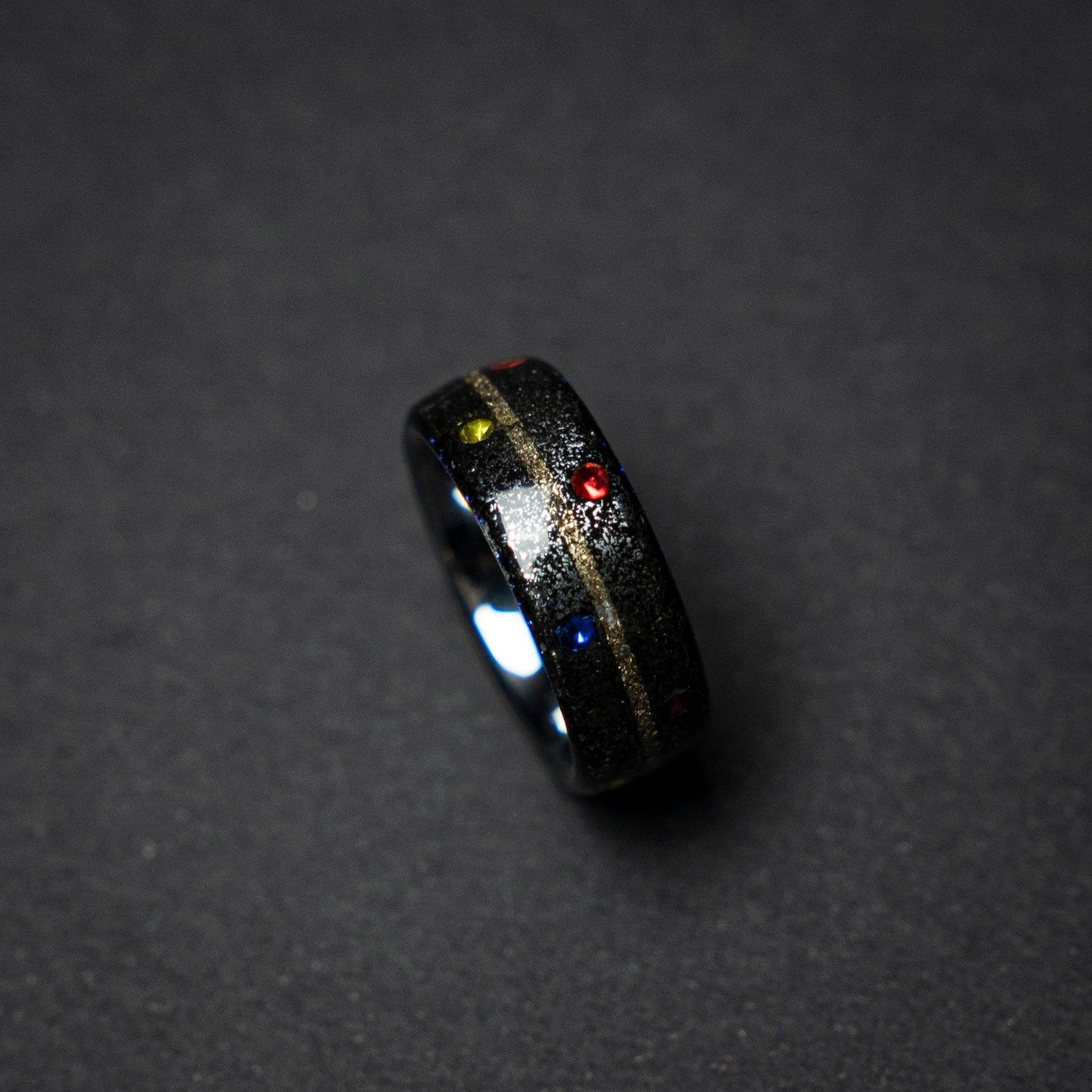 Tungsten ring core with meteorite and the six infinity stones