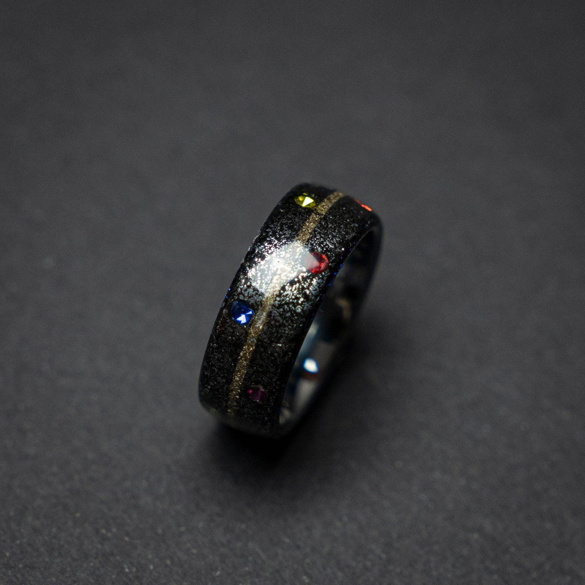 Tungsten ring core with meteorite and the six infinity stones