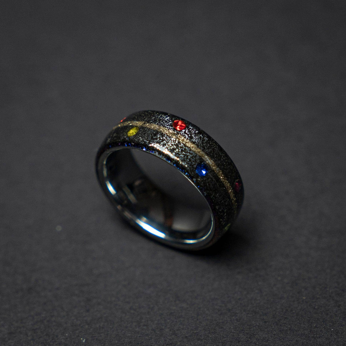 Tungsten ring core with meteorite and the six infinity stones