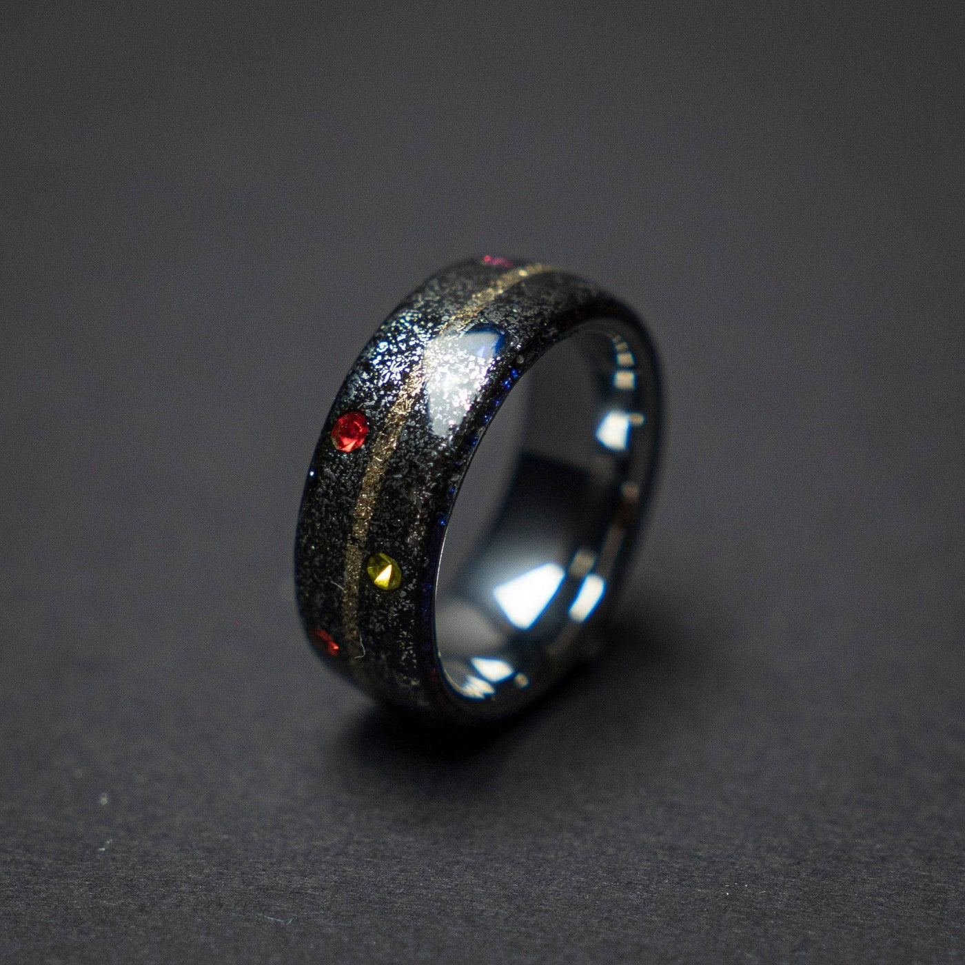 Tungsten ring core with meteorite and the six infinity stones