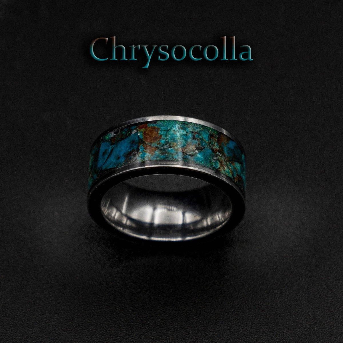 Tungsten ring filled with Chrysocolla