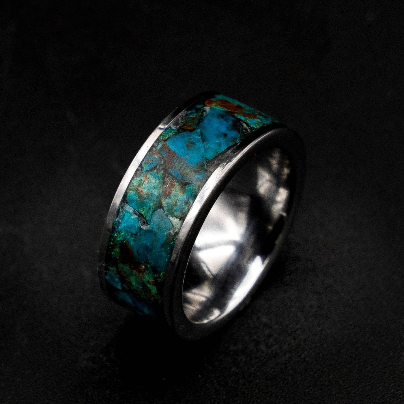 Tungsten ring filled with Chrysocolla