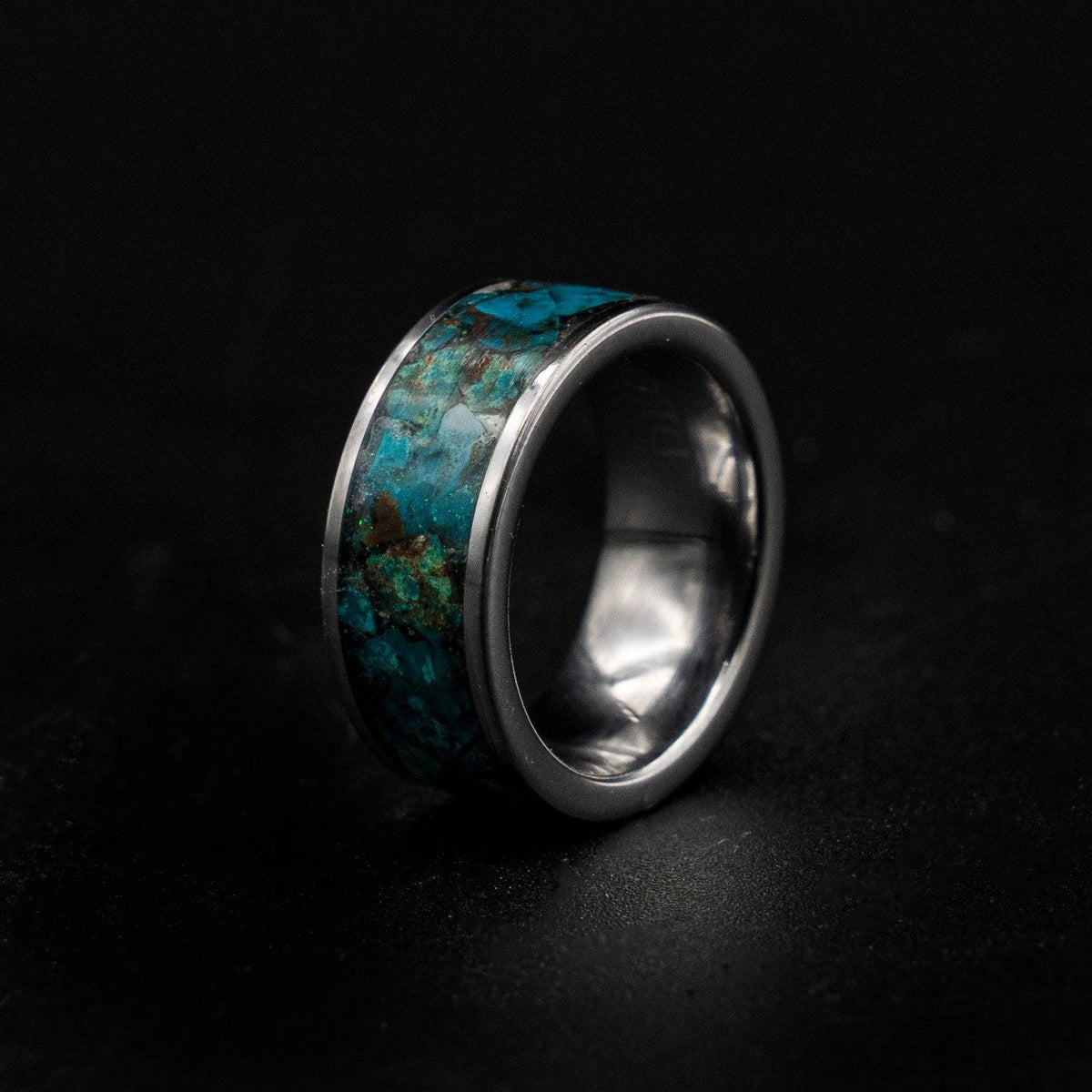 Tungsten ring filled with Chrysocolla