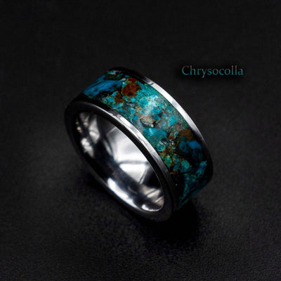 Tungsten ring filled with Chrysocolla