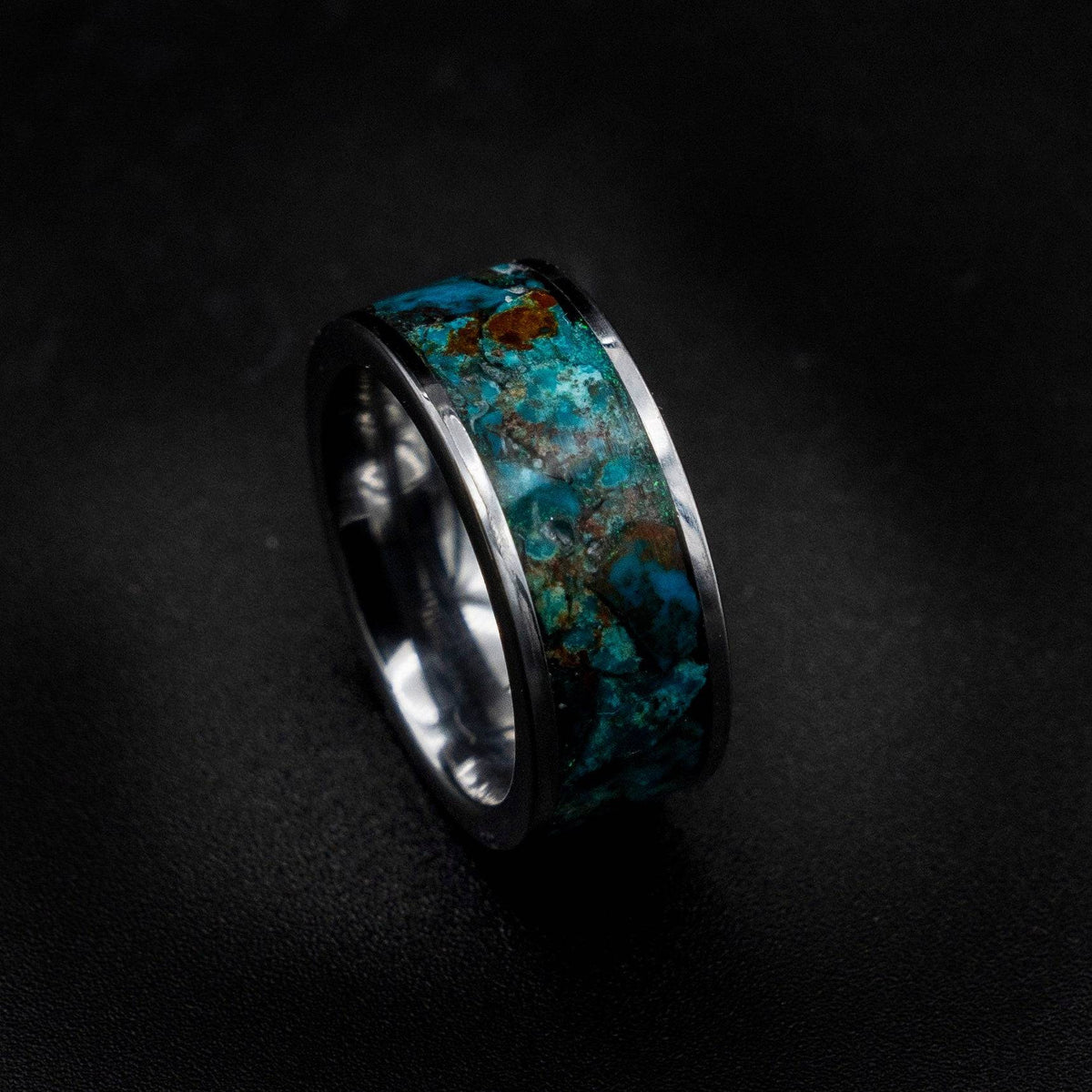 Tungsten ring filled with Chrysocolla