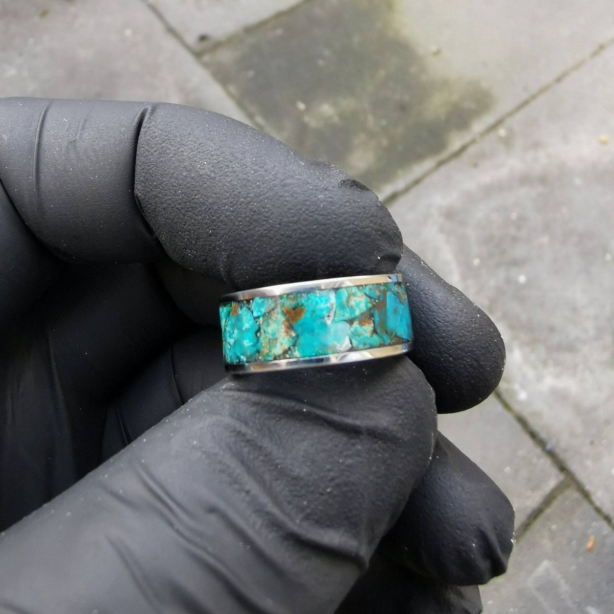 Tungsten ring filled with Chrysocolla