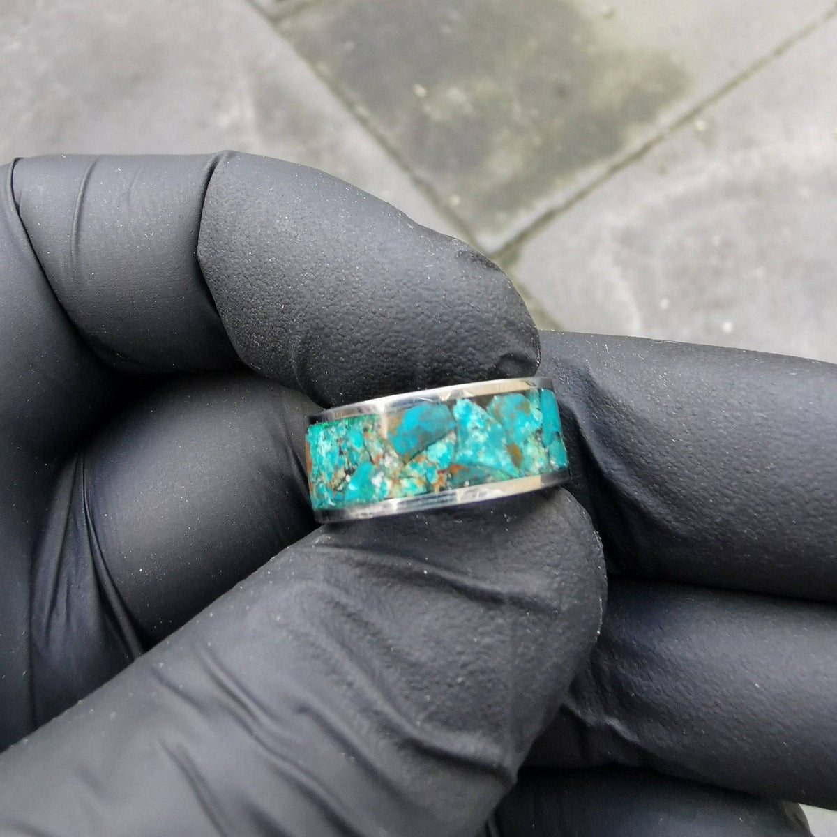Tungsten ring filled with Chrysocolla