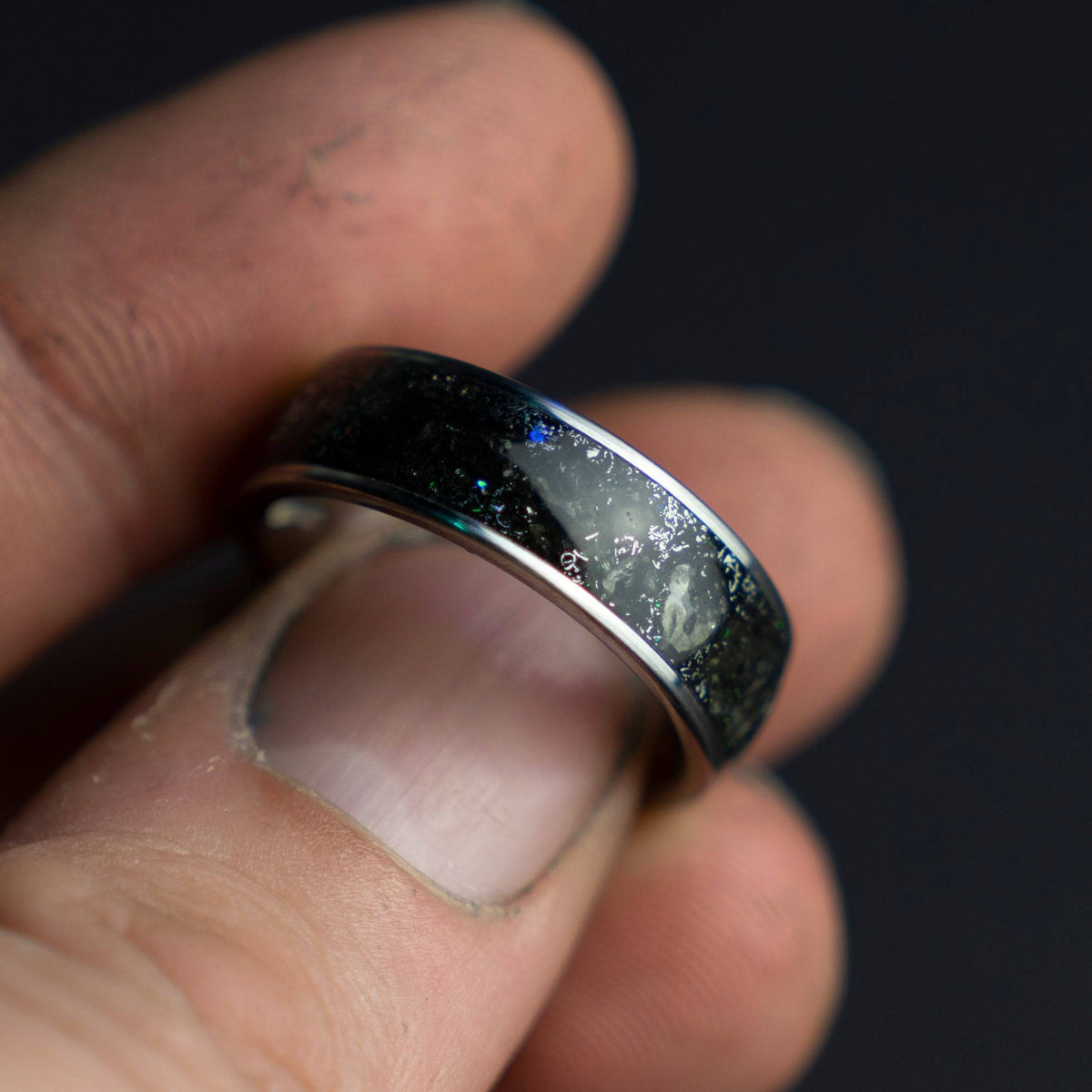 Tungsten ring filled with genuine Moldavite
