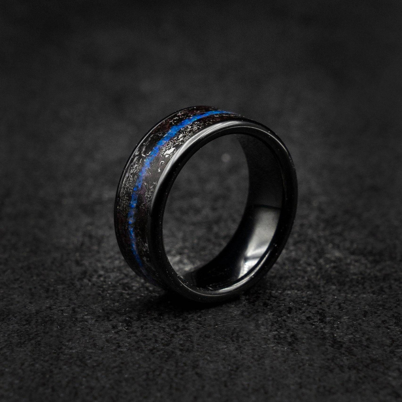 Tungsten ring filled with meteorite and offset blue opal line