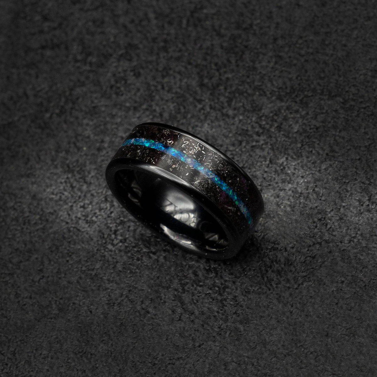 Tungsten ring filled with meteorite and offset blue opal line