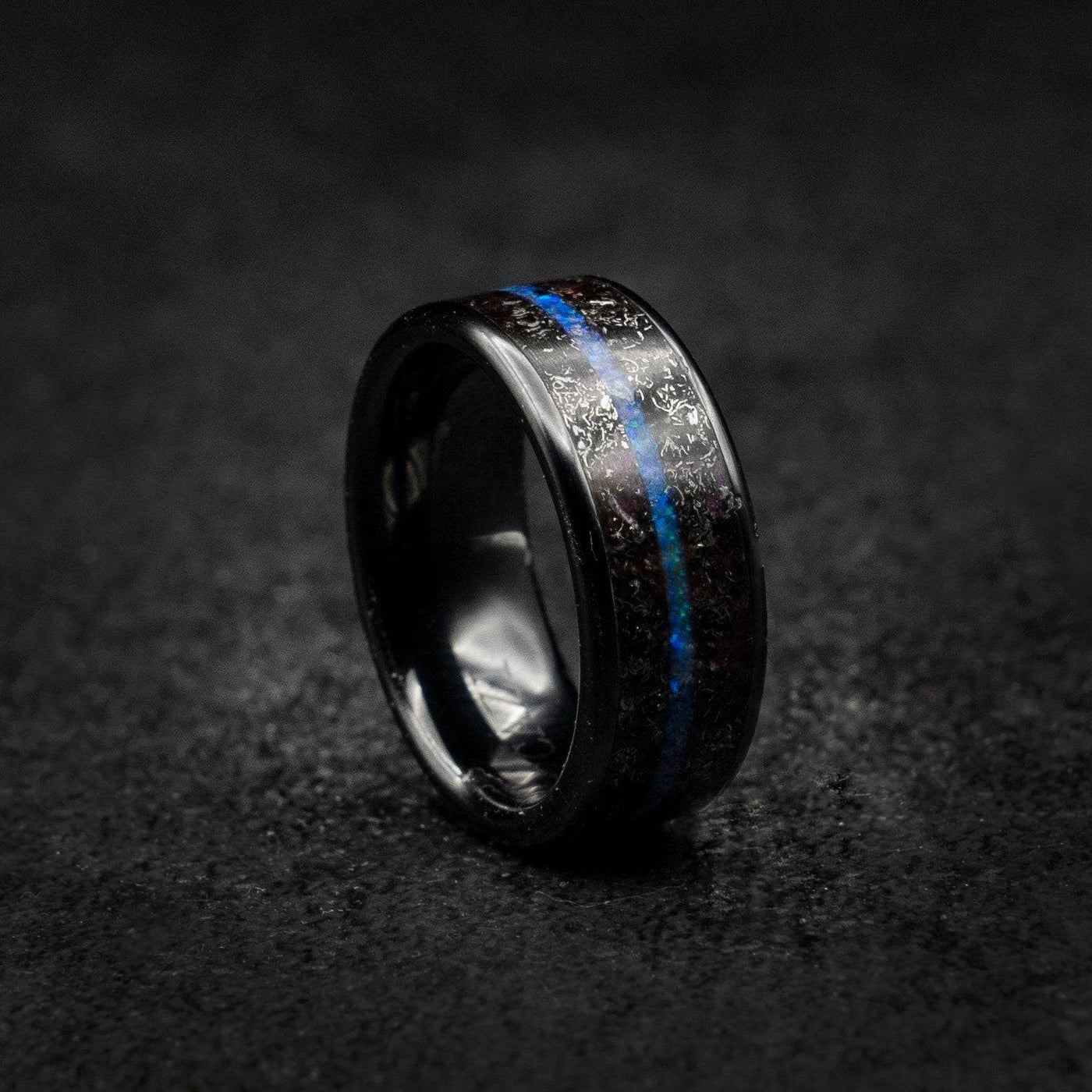 Tungsten ring filled with meteorite and offset blue opal line