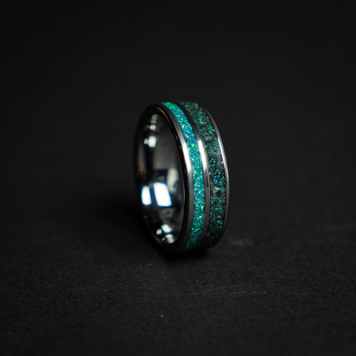Tungsten ring filled with Quantum Quatro and opal